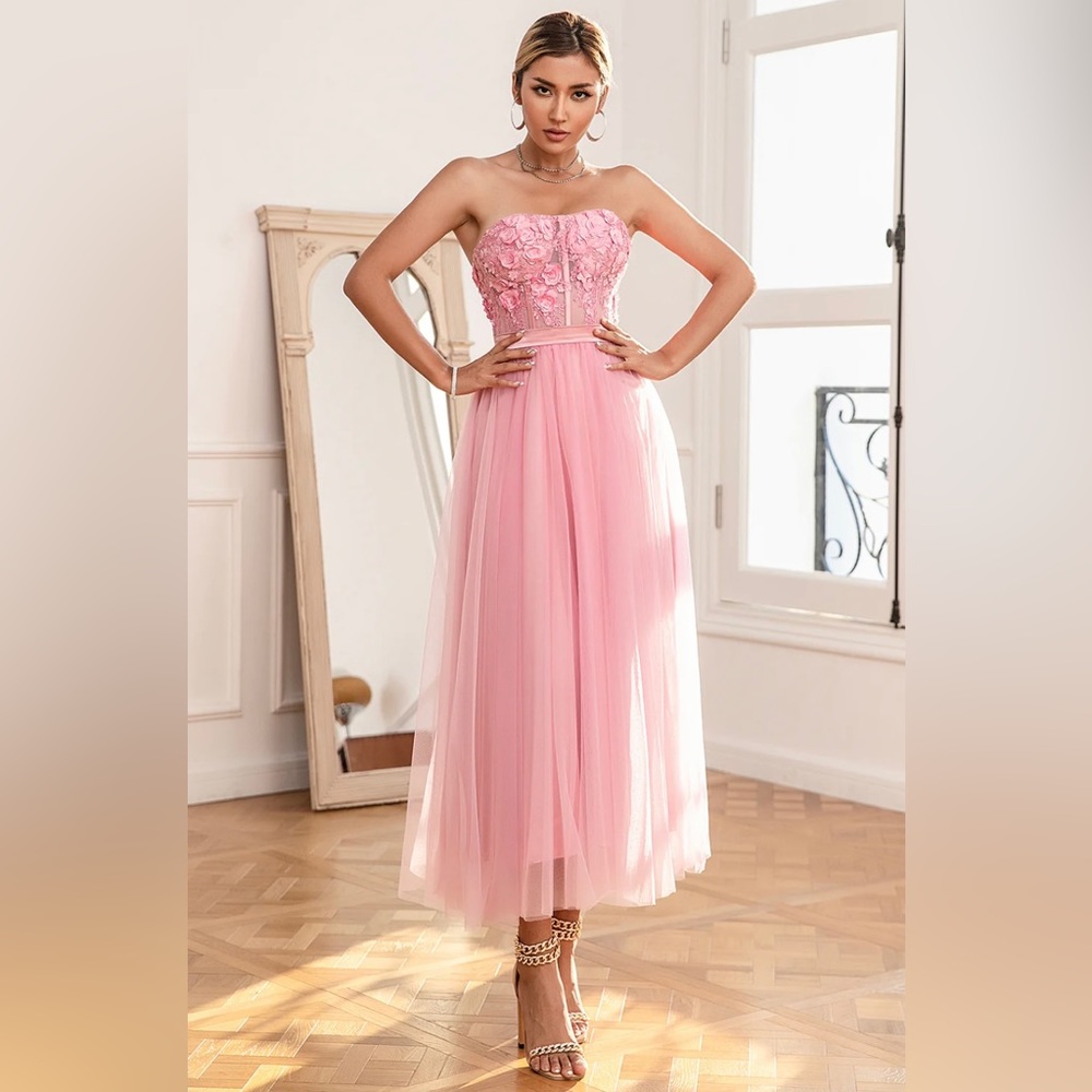 A line strapless pink prom dress